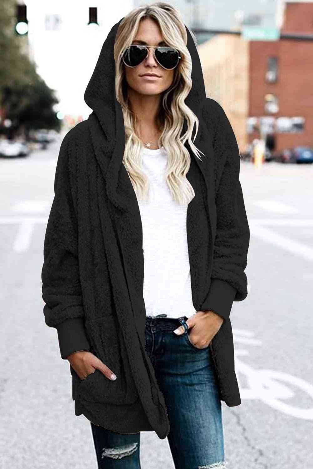Teddy Hooded Jacket with Pockets - Trendsi - Flyclothing LLC