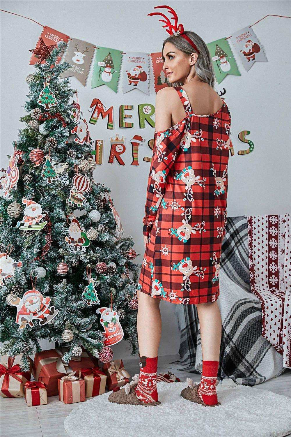 Christmas Asymmetrical Neck Long Sleeve Dress - Trendsi - Flyclothing LLC