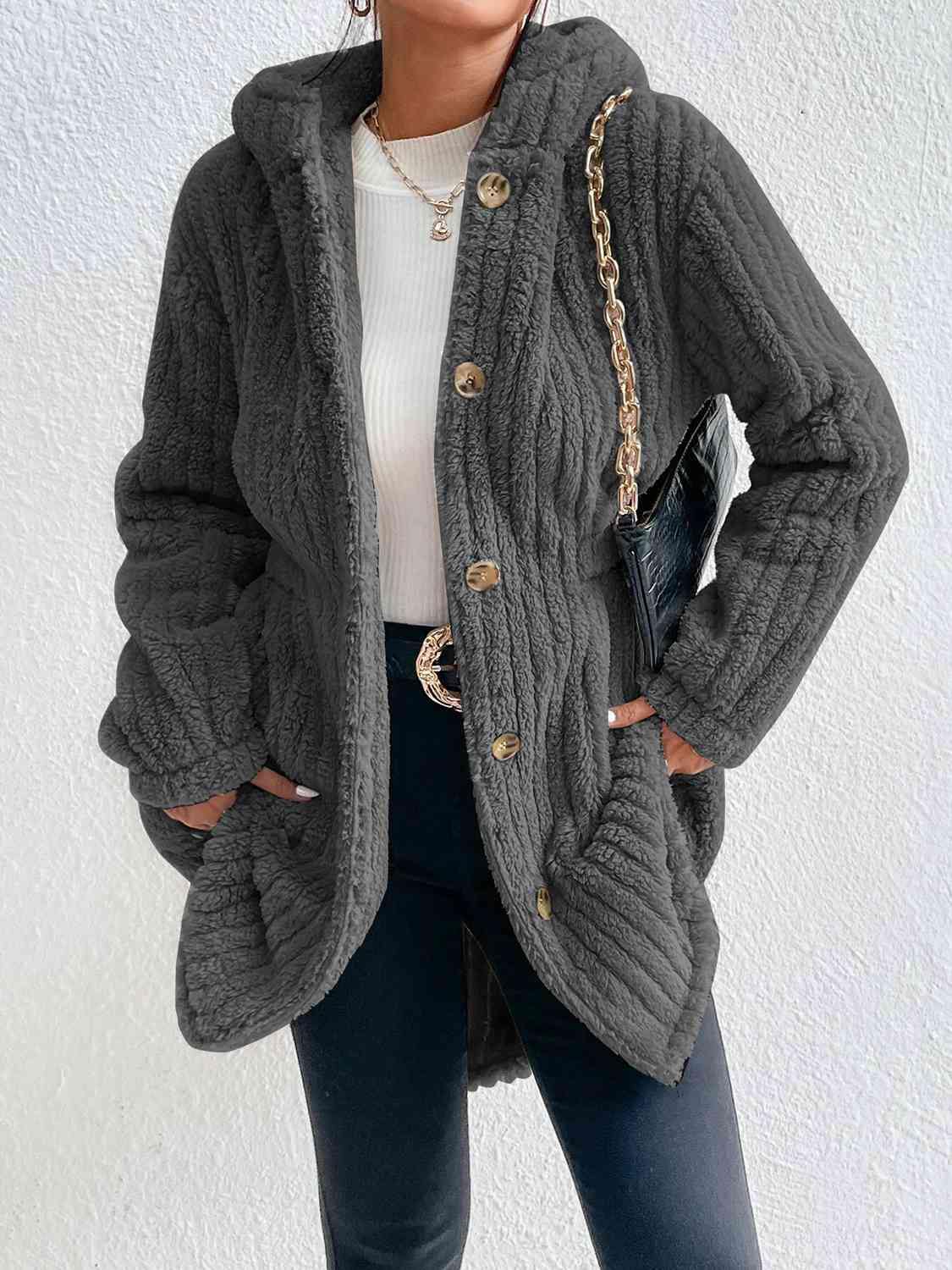 Button Down Hooded Coat - Trendsi