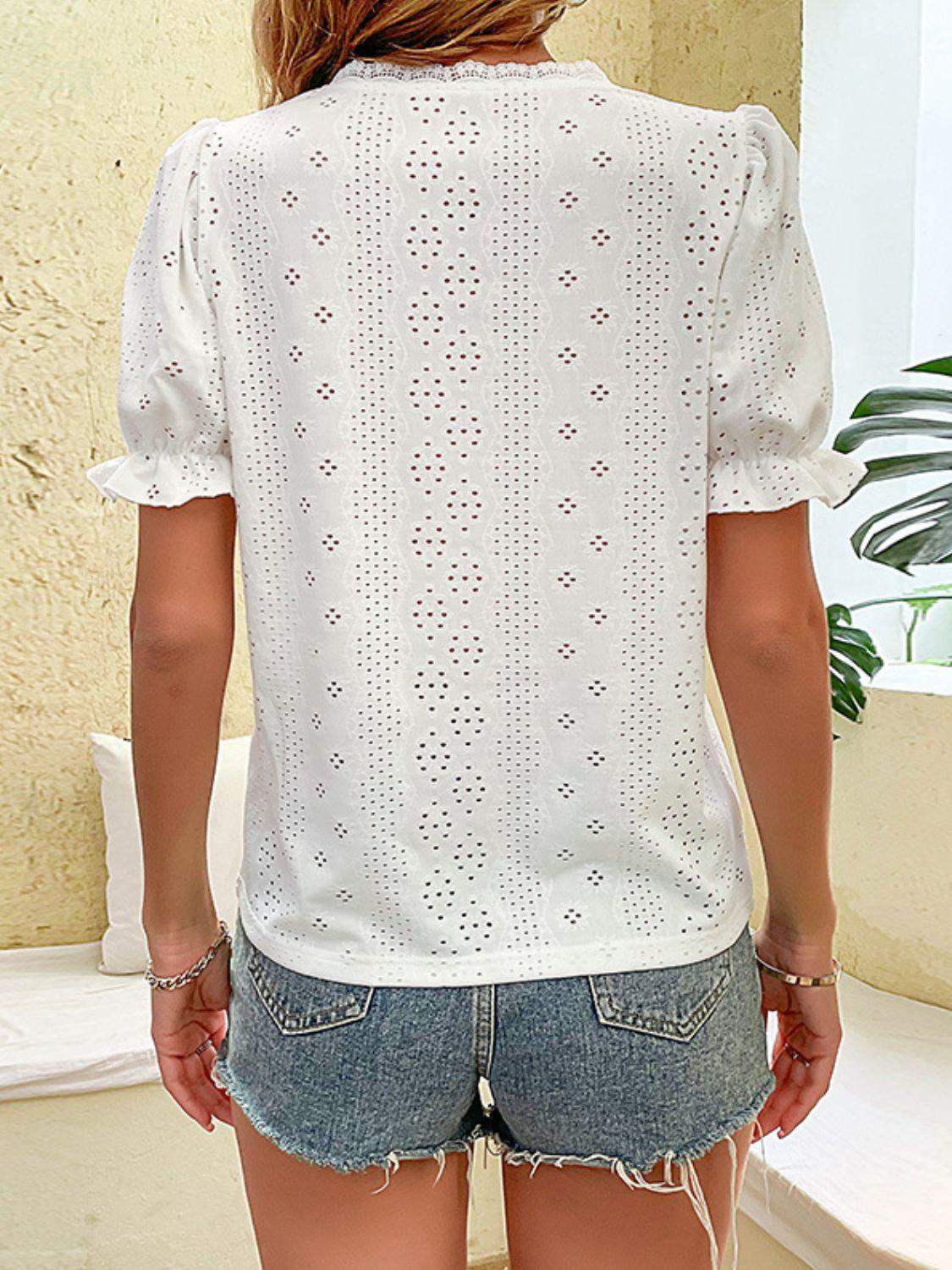 Buttoned V-Neck Flounce Sleeve Top - Trendsi - Flyclothing LLC