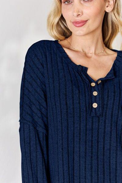 Basic Bae Full Size Ribbed Half Button Long Sleeve T-Shirt - Trendsi