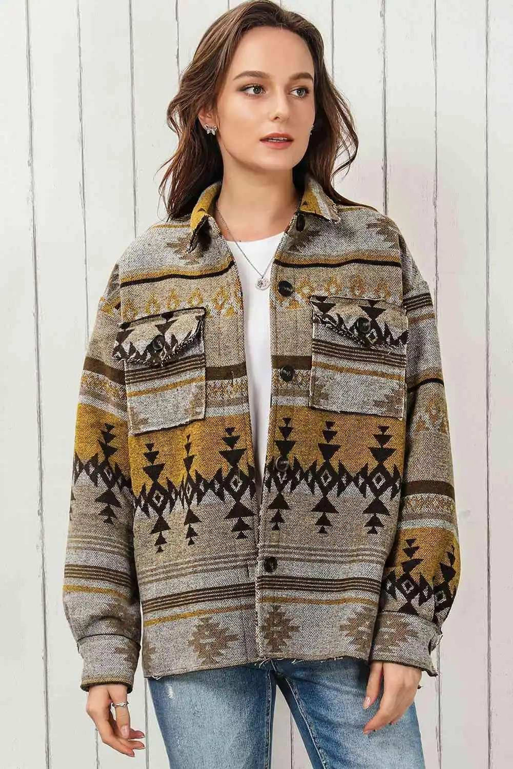 Geometric Collared Drop Shoulder Jacket - Trendsi - Flyclothing LLC