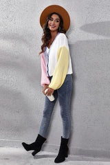 Color Block Button Up V-Neck Knit Top - Trendsi