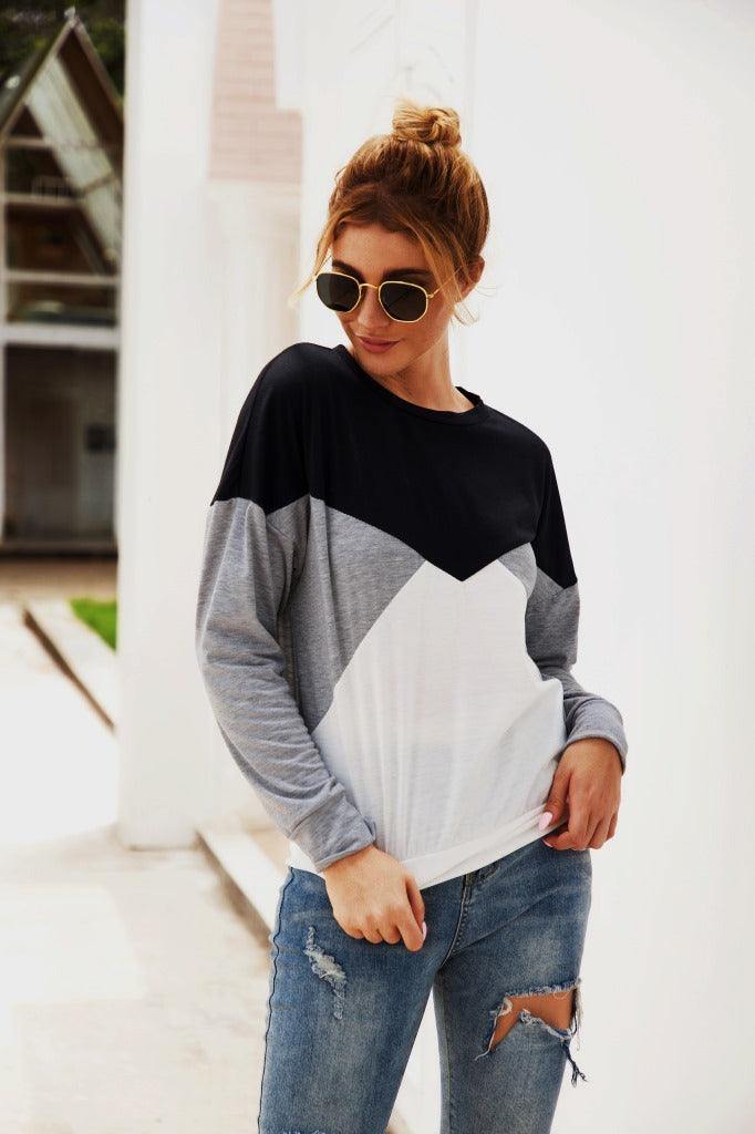 Color Block Round Neck Long Sleeve Top - Trendsi
