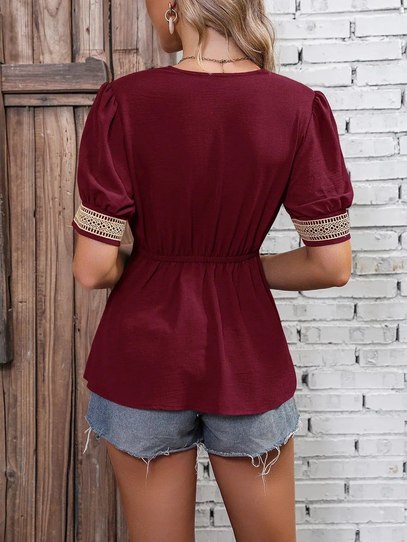 Contrast V-Neck Babydoll Top - Trendsi - Flyclothing LLC