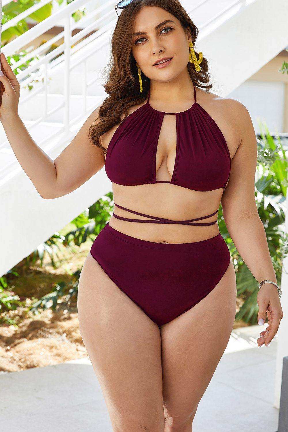 Plus Size Cutout Tied Backless Bikini Set - Trendsi - Flyclothing LLC