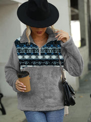 Geometric Quarter-Zip Collared Sweatshirt - Trendsi