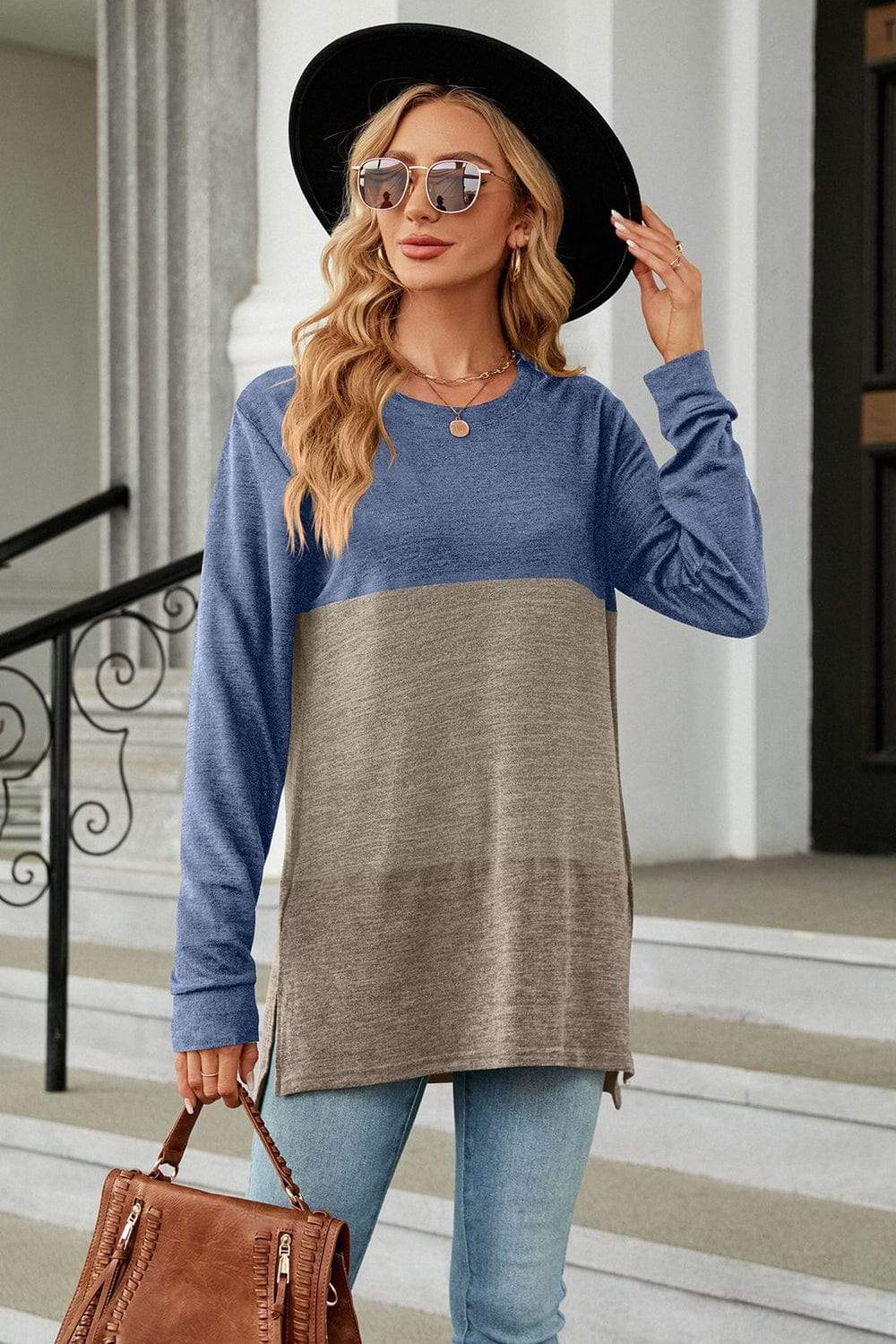 Color Block Round Neck Long Sleeve Slit T-Shirt - Trendsi - Flyclothing LLC