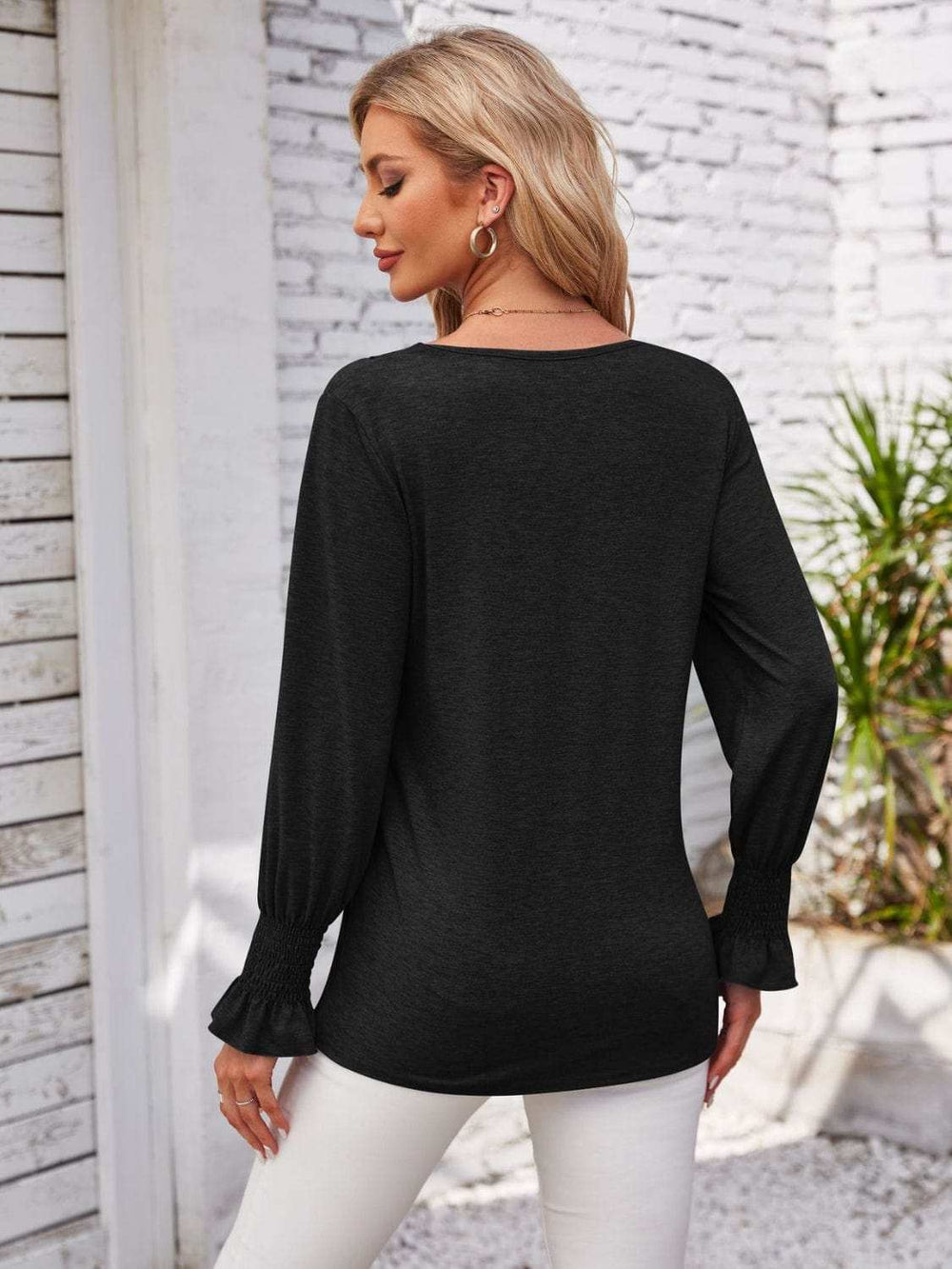 Smocked V-Neck Long Sleeve Blouse - Trendsi - Flyclothing LLC