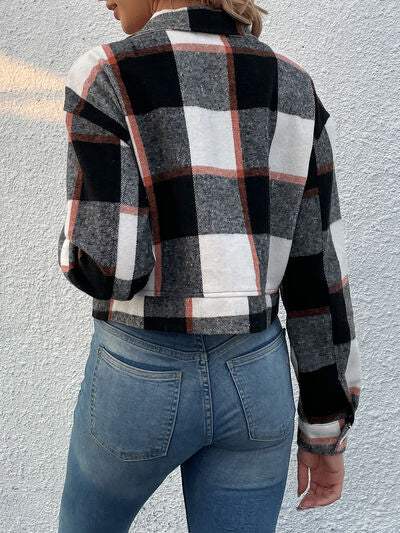 Plaid Button Up Drop Shoulder Cropped Jacket - Trendsi - Flyclothing LLC
