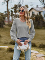 Swiss Dot V-Neck Long Sleeve Blouse - Trendsi - Flyclothing LLC