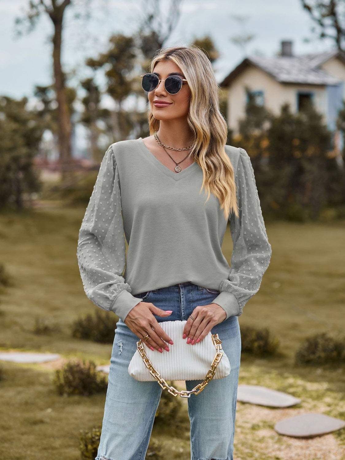 Swiss Dot V-Neck Long Sleeve Blouse - Trendsi - Flyclothing LLC