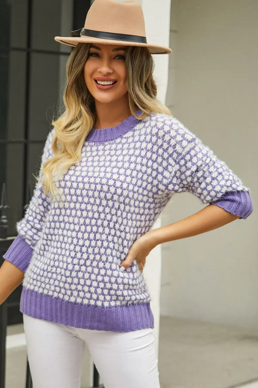 Printed Round Neck Dropped Shoulder Sweater - Trendsi - Flyclothing LLC