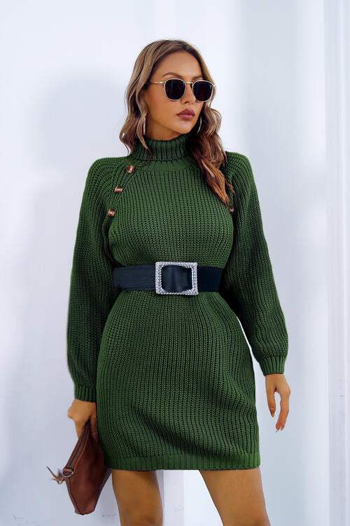 Buttoned Turtleneck Long Sleeve Sweater Dress - Trendsi - Flyclothing LLC