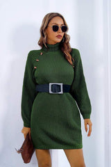 Buttoned Turtleneck Long Sleeve Sweater Dress - Trendsi - Flyclothing LLC