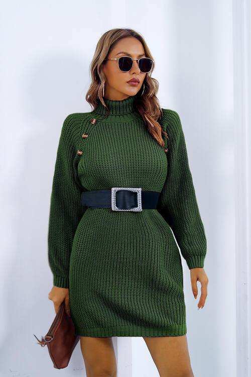 Buttoned Turtleneck Long Sleeve Sweater Dress - Trendsi - Flyclothing LLC