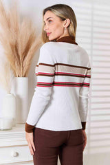 Basic Bae Striped Collared Neck Rib-Knit Top - Trendsi