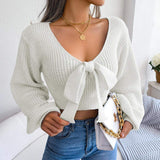 Tie-Front Rib-Knit Cropped Sweater - Trendsi - Flyclothing LLC