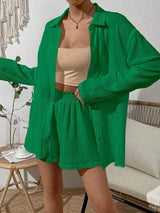 Dropped Shoulder Button Up Top and Elastic Waist Shorts Set - Trendsi - Flyclothing LLC