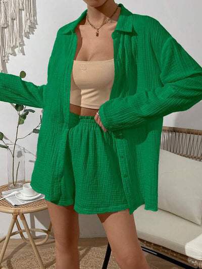 Dropped Shoulder Button Up Top and Elastic Waist Shorts Set - Trendsi - Flyclothing LLC