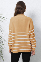Striped Zip-Up Long Sleeve Ribbed Sweater - Trendsi - Flyclothing LLC