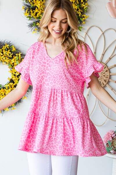 Heimish Full Size Leopard Ruffle Trim Short Sleeve Top - Trendsi - Flyclothing LLC