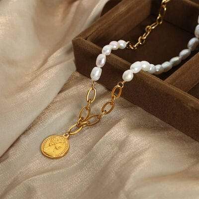 Coin pendant Pearl Titanium Steel Necklace - Trendsi - Flyclothing LLC