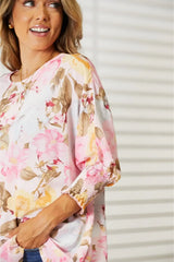 Double Take Floral Round Neck Three-Quarter Sleeve Top - Trendsi - Flyclothing LLC
