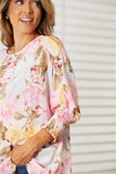 Double Take Floral Round Neck Three-Quarter Sleeve Top - Trendsi - Flyclothing LLC