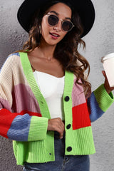 Color Block Button-Down Dropped Shoulder Cardigan - Trendsi