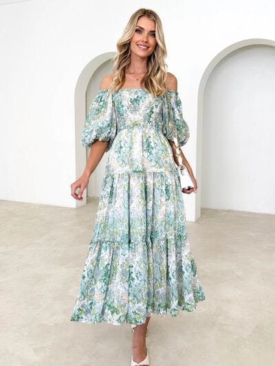 Printed Smocked Off-Shoulder Tiered Dress - Trendsi