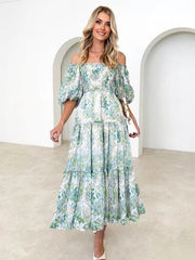 Printed Smocked Off-Shoulder Tiered Dress - Trendsi