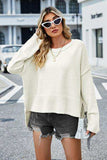 High-Low Slit Round Neck Long Sleeve Sweater - Trendsi - Flyclothing LLC