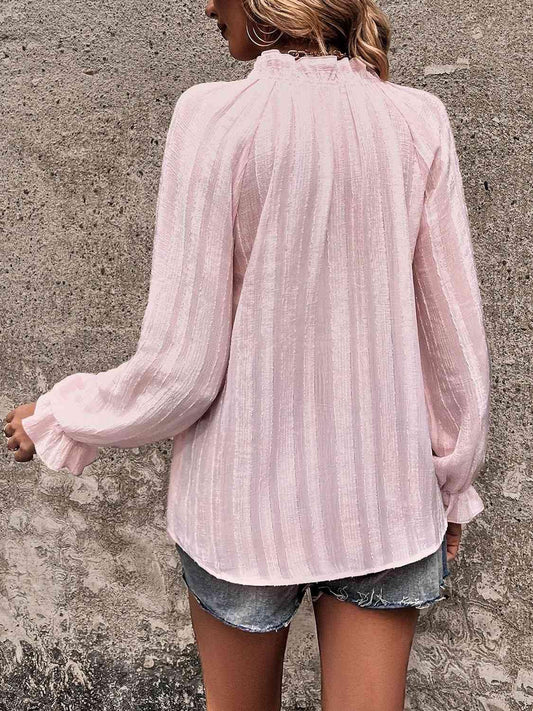 Notched Neck Flounce Sleeve Shirt - Trendsi