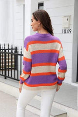 Color Block Round Neck Dropped Shoulder Sweater - Trendsi - Flyclothing LLC