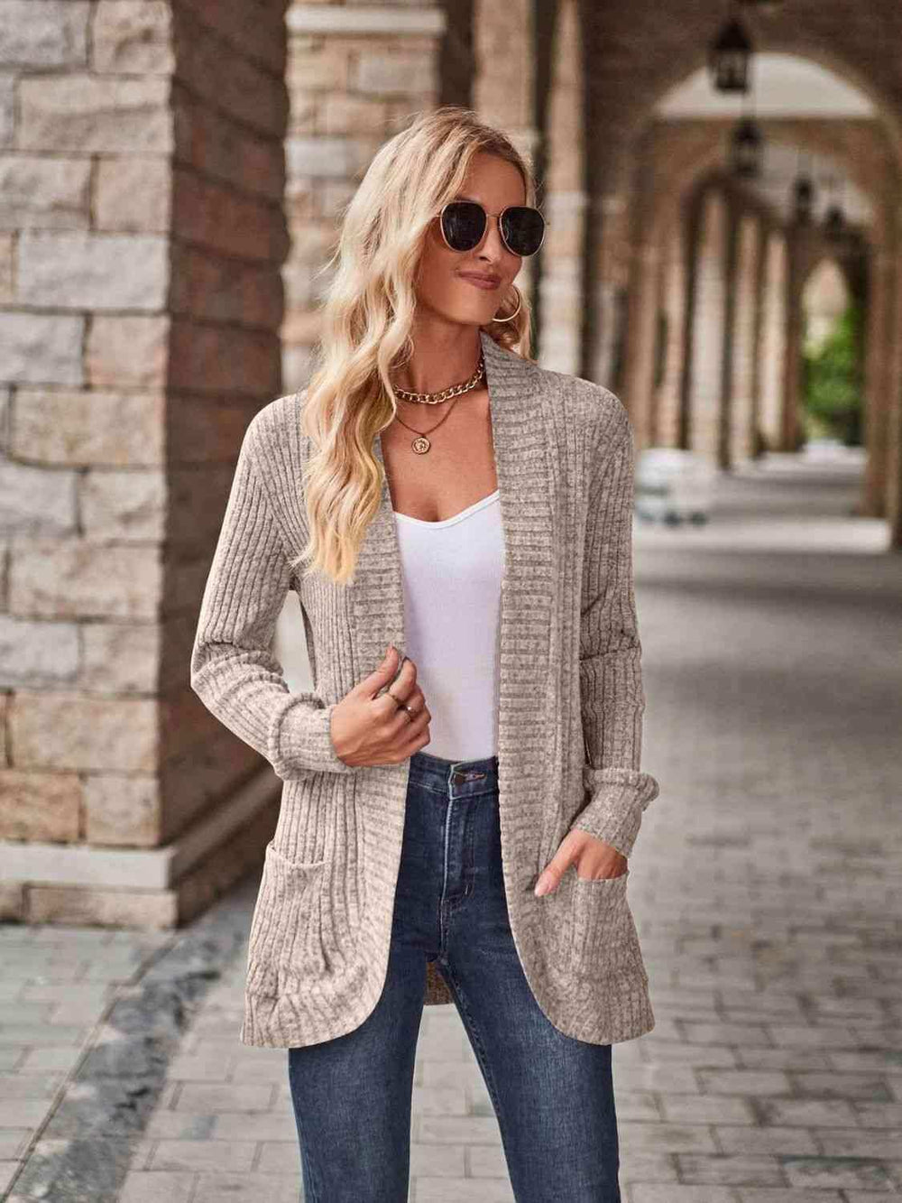 Open Front Cardigan with Pockets - Trendsi - Flyclothing LLC