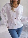 Cable-Knit Buttoned V-Neck Sweater - Trendsi - Flyclothing LLC