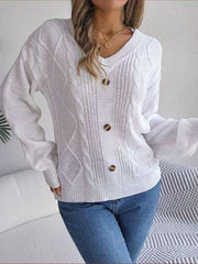 Cable-Knit Buttoned V-Neck Sweater - Trendsi