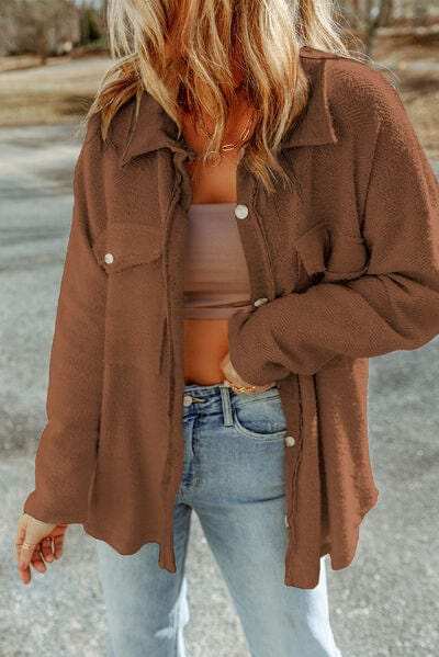 Pocketed Button Up Droppped Shoulder Jacket - Trendsi - Flyclothing LLC