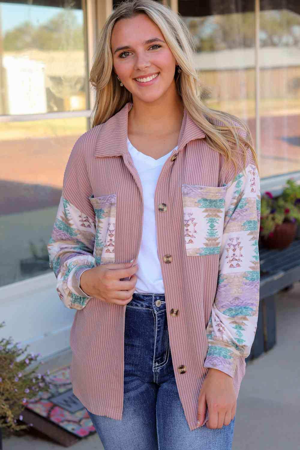 Geometric Button Down Collared Jacket - Trendsi - Flyclothing LLC