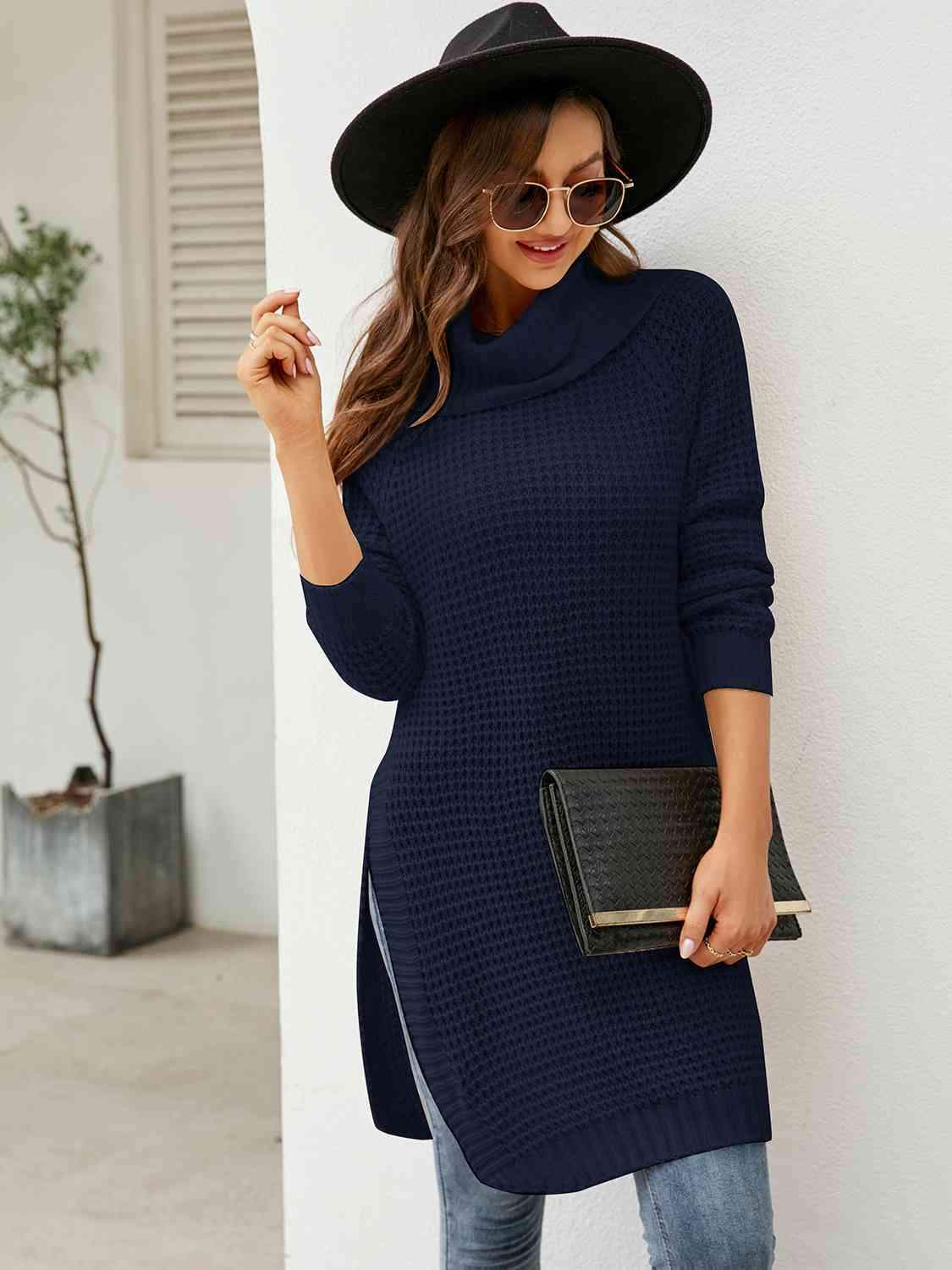 Turtleneck Waffle-Knit Slit Sweater Dress - Trendsi - Flyclothing LLC
