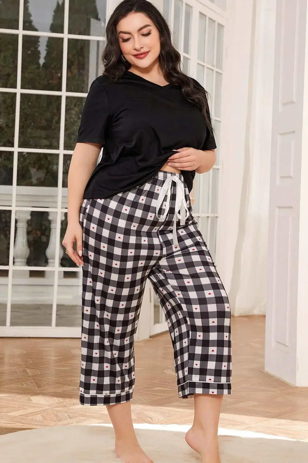 V-Neck Tee and Plaid Cropped Pants Lounge Set - Trendsi - Flyclothing LLC