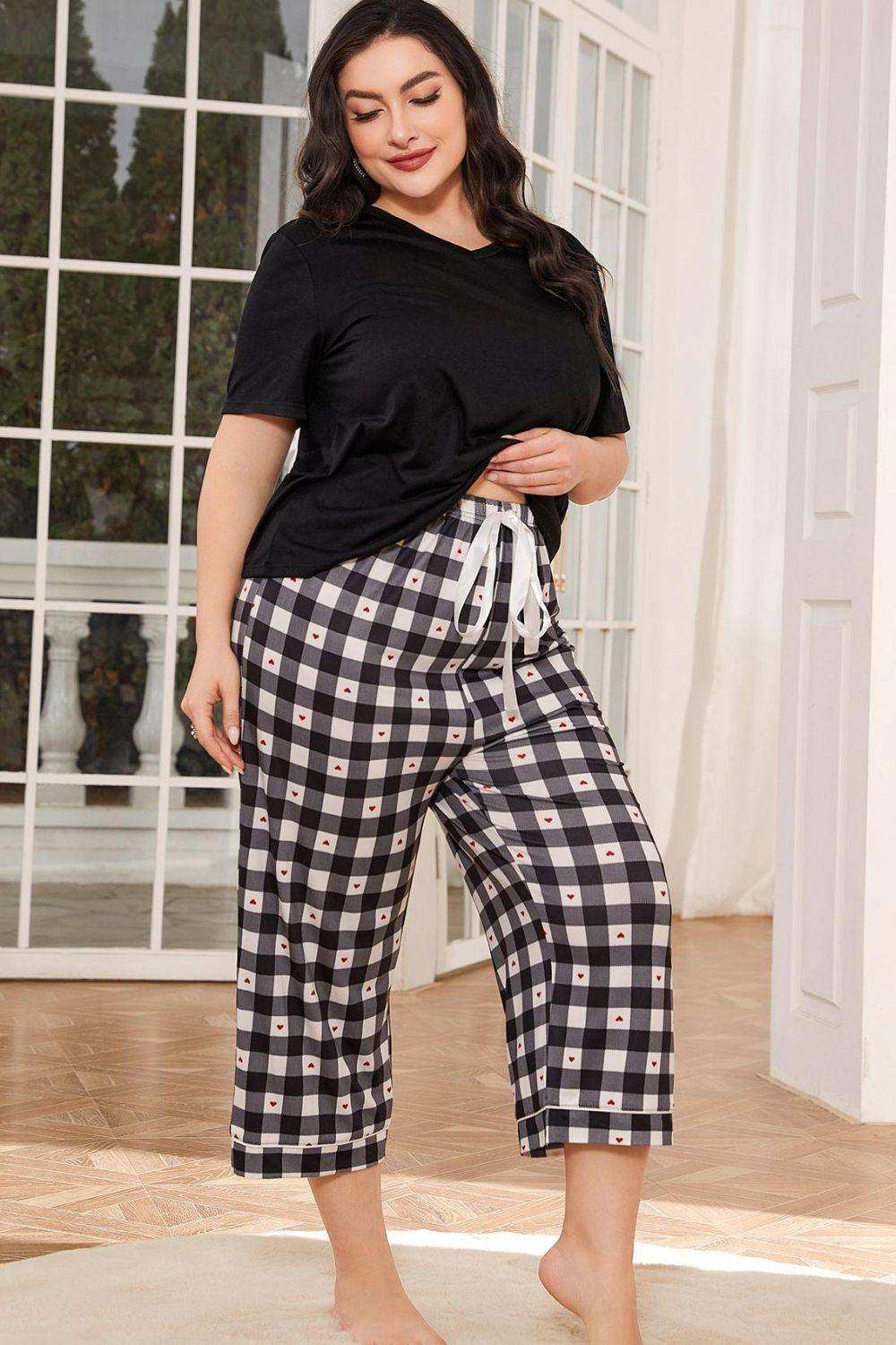V-Neck Tee and Plaid Cropped Pants Lounge Set - Trendsi - Flyclothing LLC