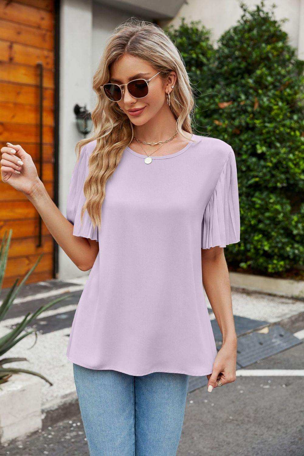 Pleated Flutter Sleeve Round Neck Blouse - Trendsi - Flyclothing LLC
