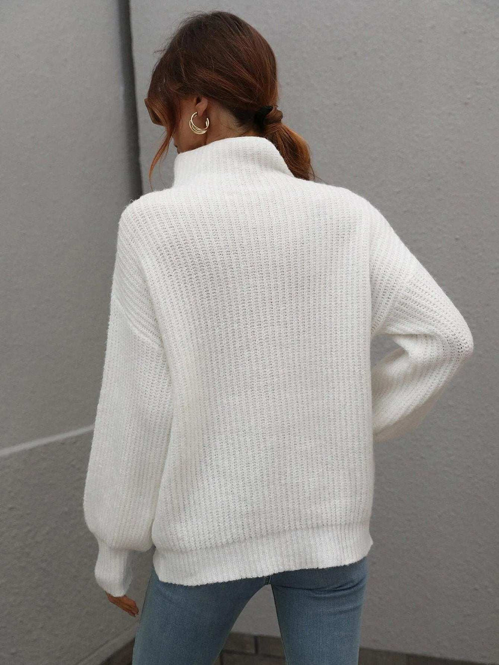High Neck Balloon Sleeve Rib-Knit Pullover Sweater - Trendsi - Flyclothing LLC