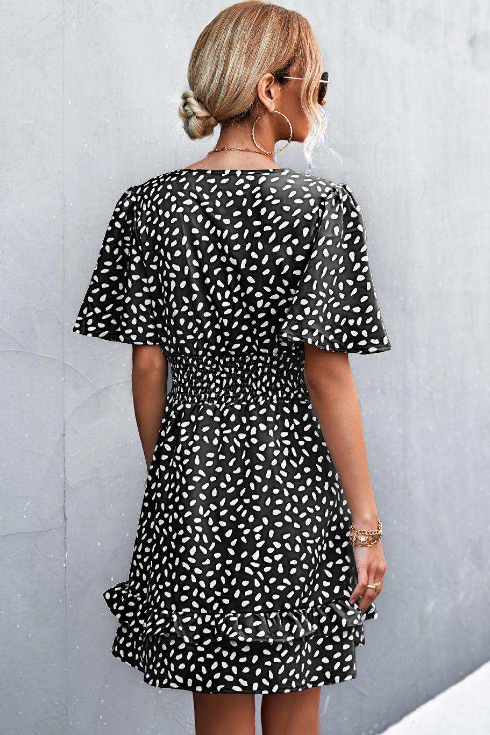 Printed Smocked Waist Layered Surplice Dress - Trendsi - Flyclothing LLC
