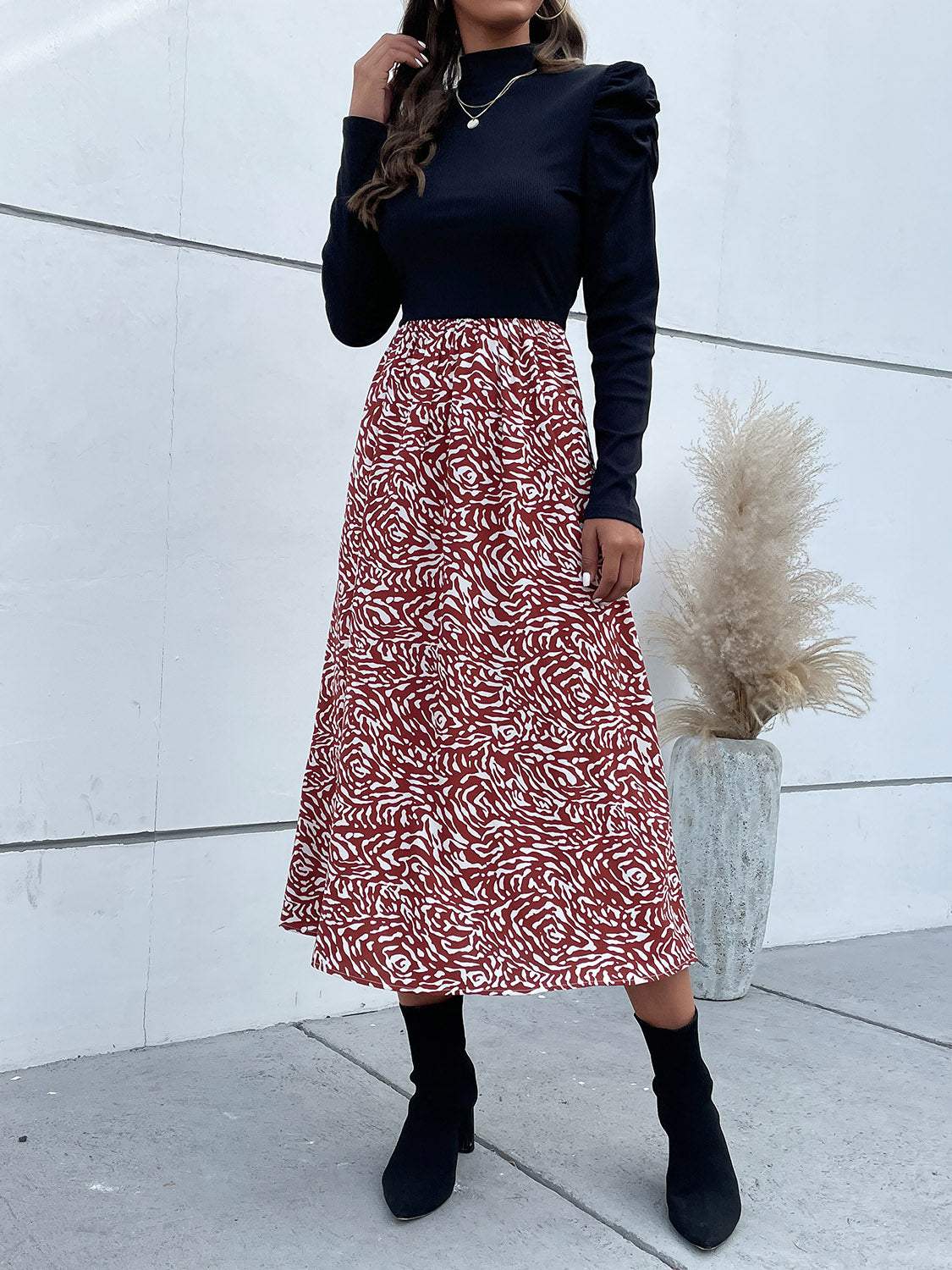 Printed Mock Neck Puff Sleeve Midi Dress - Trendsi - Flyclothing LLC