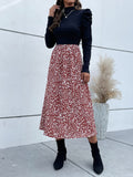 Printed Mock Neck Puff Sleeve Midi Dress - Trendsi