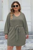 Plus Size Ribbed Tie Front Long Sleeve Sweater Dress - Trendsi - Flyclothing LLC
