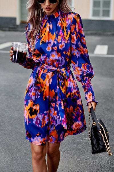 Printed Tie Waist Mock Neck Lantern Sleeve Dress - Trendsi - Flyclothing LLC
